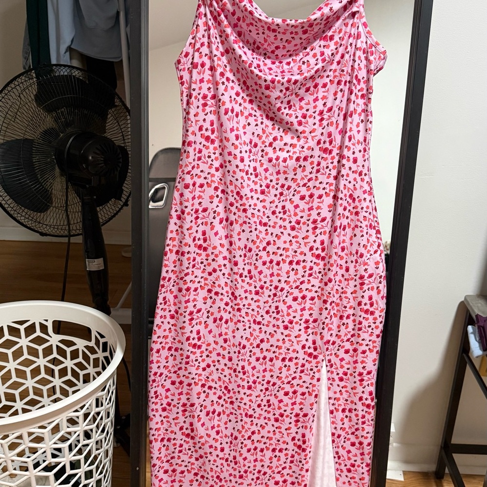 SHEIN Pink Floral Cowl Neck Maxi Dress with Side Slit